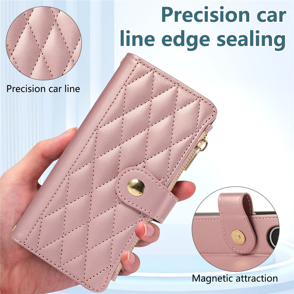 For Samsung Galaxy Z Fold7 5G Case Multi Card Slots Zipper Rhombus Leather Phone Cover with Wrist Strap