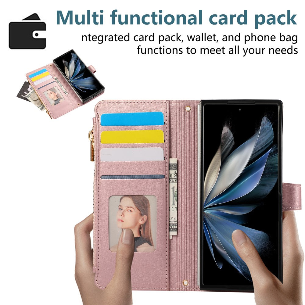 For Samsung Galaxy Z Fold7 5G Case Multi Card Slots Zipper Rhombus Leather Phone Cover with Wrist Strap