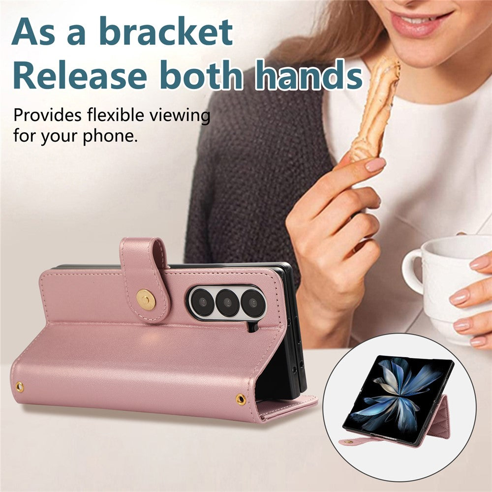 For Samsung Galaxy Z Fold7 5G Case Multi Card Slots Zipper Rhombus Leather Phone Cover with Wrist Strap