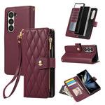 For Samsung Galaxy Z Fold7 5G Case Multi Card Slots Zipper Rhombus Leather Phone Cover with Wrist Strap