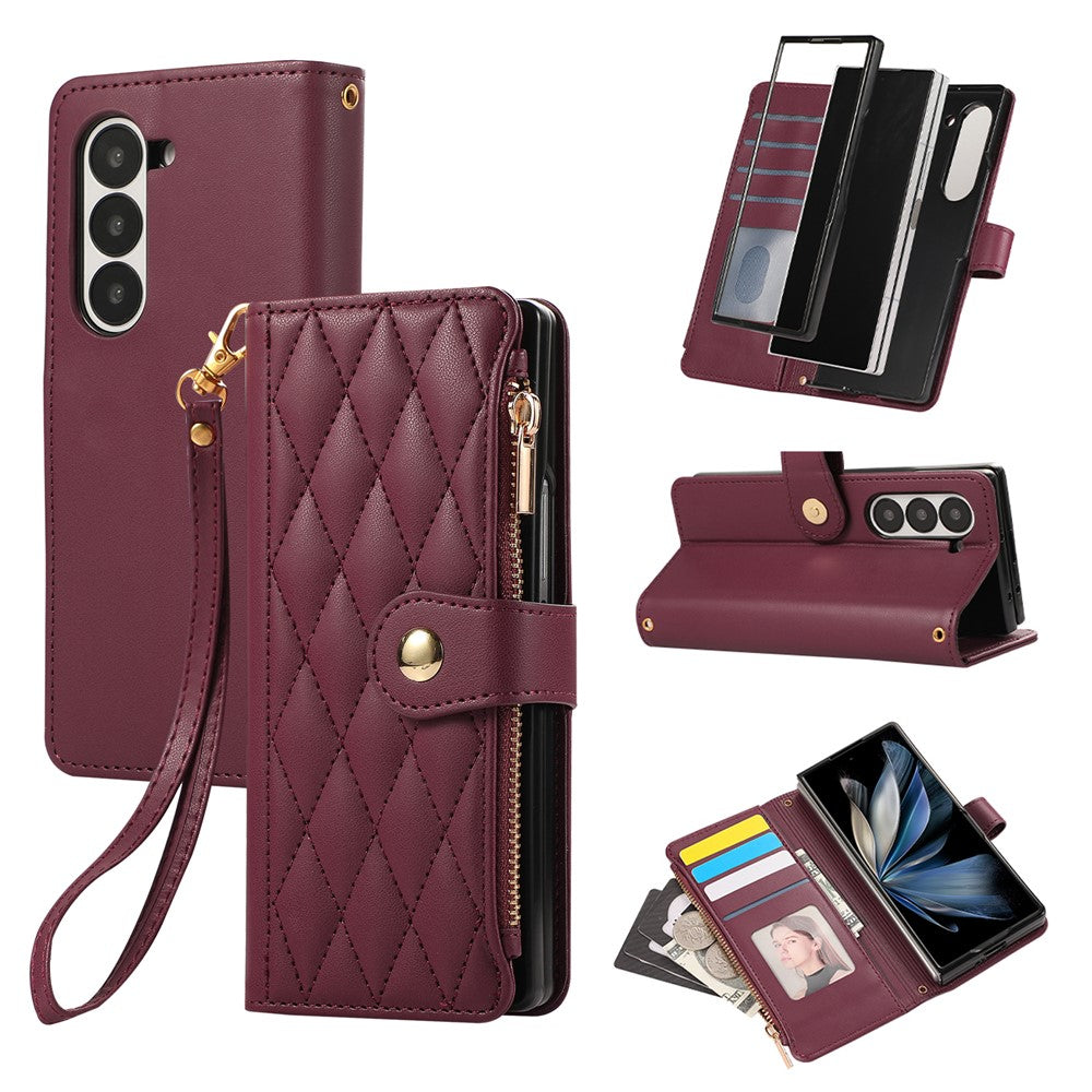 For Samsung Galaxy Z Fold7 5G Case Multi Card Slots Zipper Rhombus Leather Phone Cover with Wrist Strap