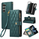 For Samsung Galaxy Z Fold7 5G Case Multi Card Slots Zipper Rhombus Leather Phone Cover with Wrist Strap