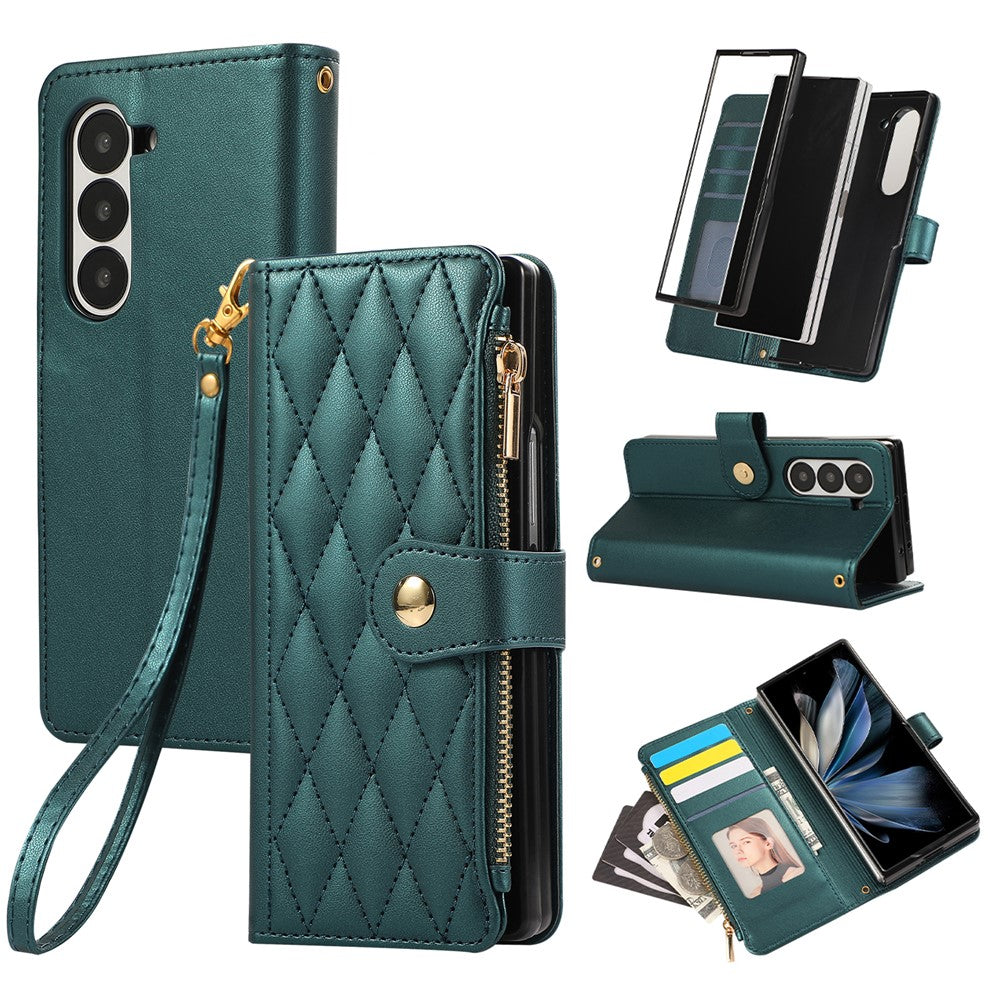 For Samsung Galaxy Z Fold7 5G Case Multi Card Slots Zipper Rhombus Leather Phone Cover with Wrist Strap
