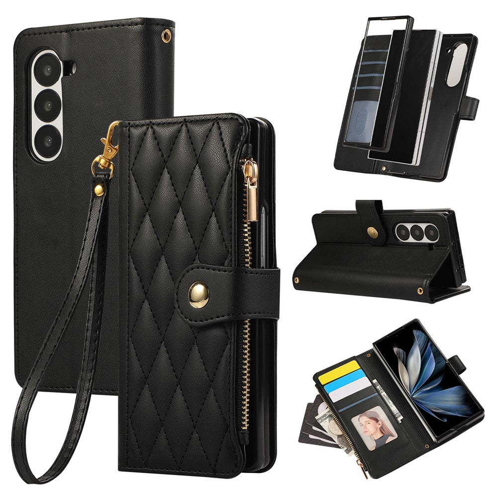 For Samsung Galaxy Z Fold7 5G Case Multi Card Slots Zipper Rhombus Leather Phone Cover with Wrist Strap