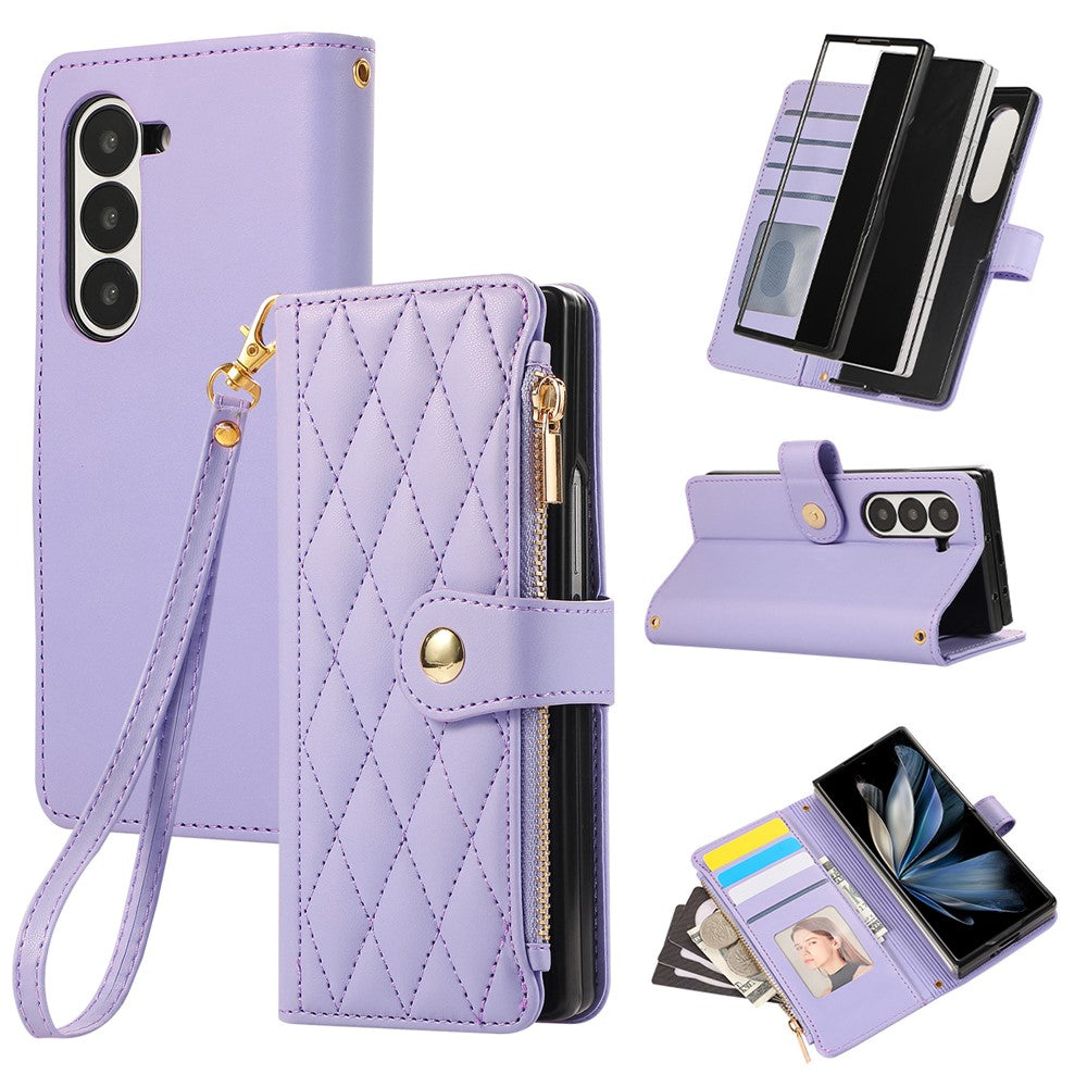 For Samsung Galaxy Z Fold7 5G Case Multi Card Slots Zipper Rhombus Leather Phone Cover with Wrist Strap