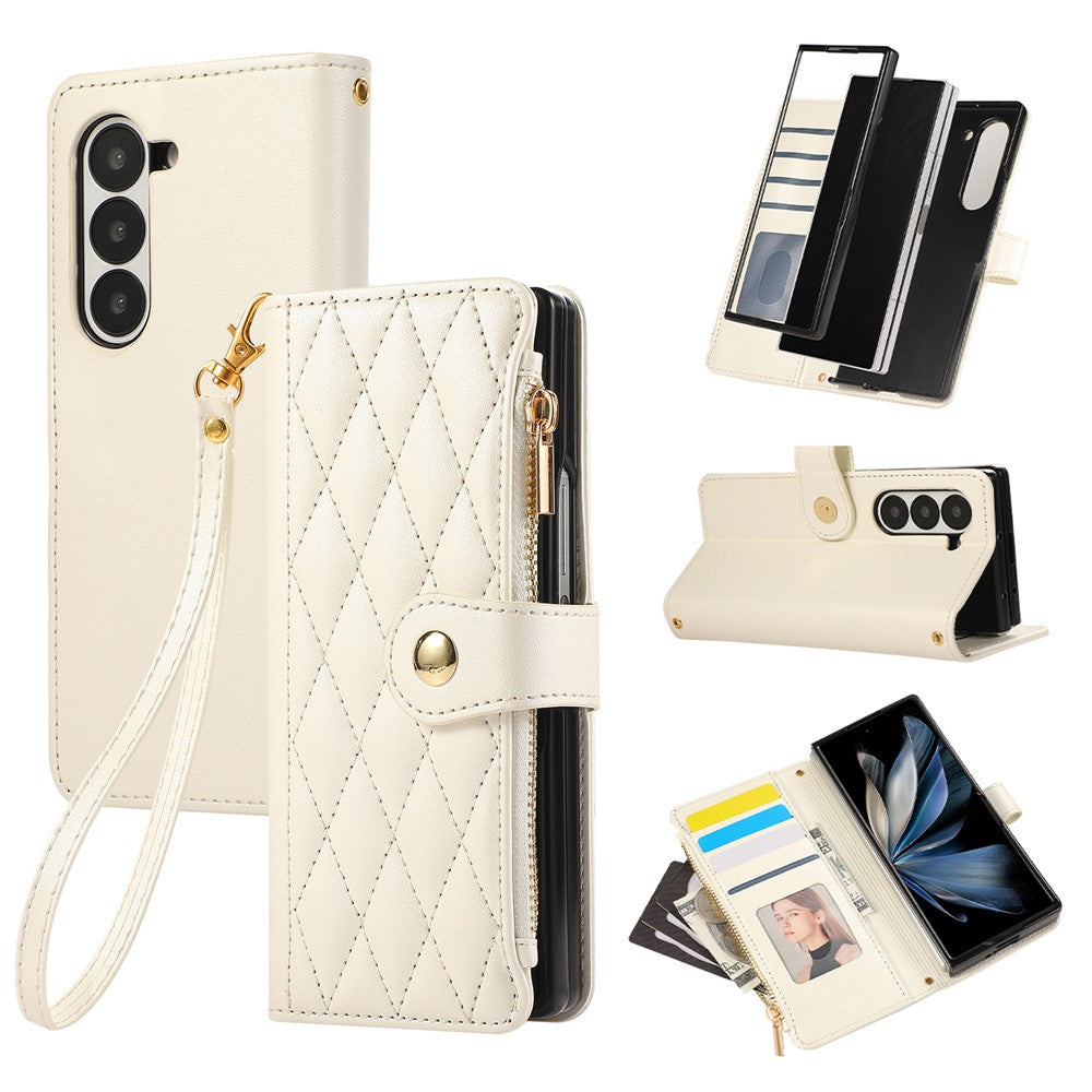 For Samsung Galaxy Z Fold7 5G Case Multi Card Slots Zipper Rhombus Leather Phone Cover with Wrist Strap