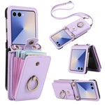 For Samsung Galaxy Z Flip7 5G Case Card Holder Ring Kickstand TPU + PU Leather Phone Cover with Long Strap