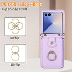 For Samsung Galaxy Z Flip7 5G Case Card Holder Ring Kickstand TPU + PU Leather Phone Cover with Long Strap