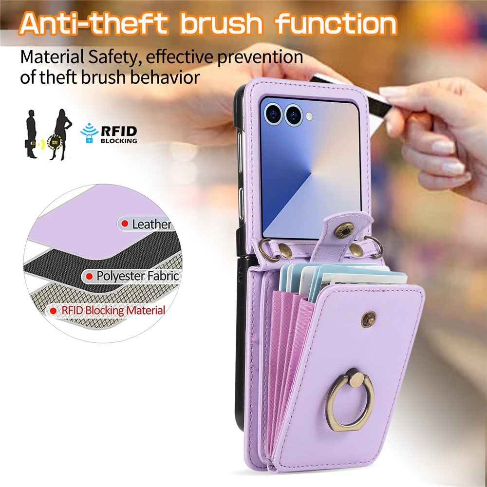 For Samsung Galaxy Z Flip7 5G Case Card Holder Ring Kickstand TPU + PU Leather Phone Cover with Long Strap