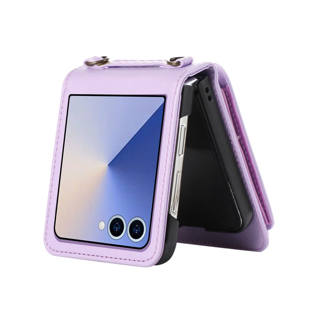 For Samsung Galaxy Z Flip7 5G Case Card Holder Ring Kickstand TPU + PU Leather Phone Cover with Long Strap