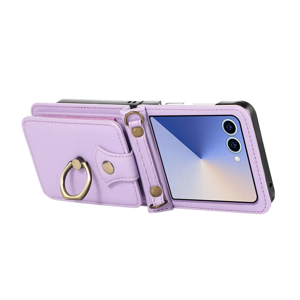For Samsung Galaxy Z Flip7 5G Case Card Holder Ring Kickstand TPU + PU Leather Phone Cover with Long Strap