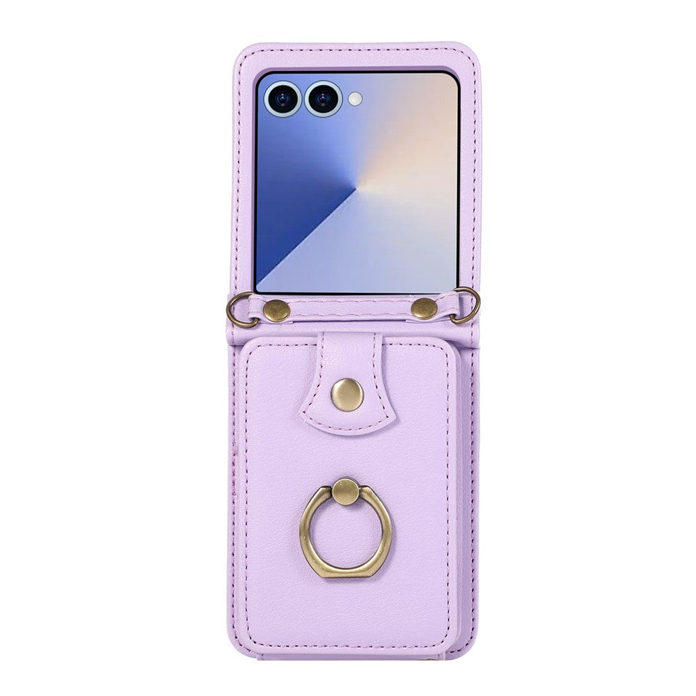 For Samsung Galaxy Z Flip7 5G Case Card Holder Ring Kickstand TPU + PU Leather Phone Cover with Long Strap
