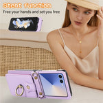 For Samsung Galaxy Z Flip7 5G Case Card Holder Ring Kickstand TPU + PU Leather Phone Cover with Long Strap