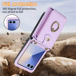 For Samsung Galaxy Z Flip7 5G Case Card Holder Ring Kickstand TPU + PU Leather Phone Cover with Long Strap