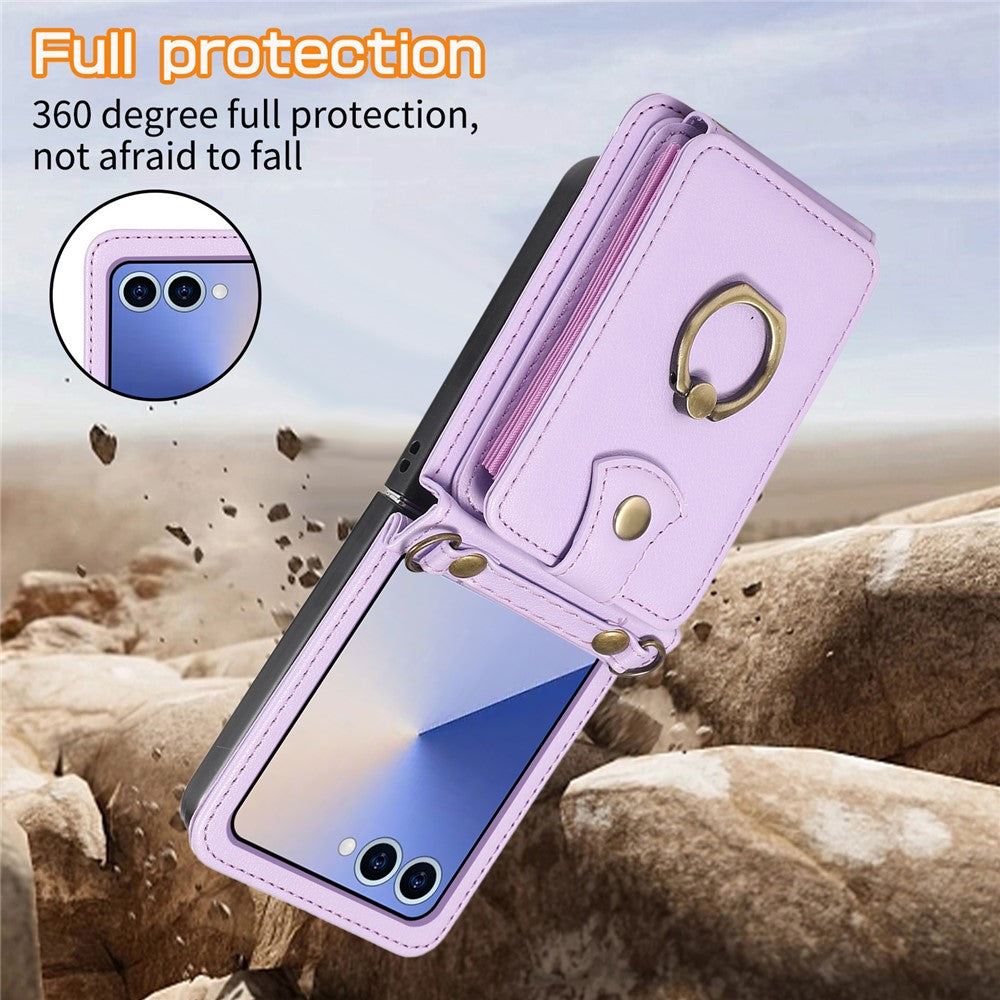 For Samsung Galaxy Z Flip7 5G Case Card Holder Ring Kickstand TPU + PU Leather Phone Cover with Long Strap