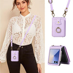 For Samsung Galaxy Z Flip7 5G Case Card Holder Ring Kickstand TPU + PU Leather Phone Cover with Long Strap