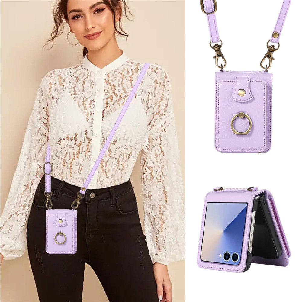 For Samsung Galaxy Z Flip7 5G Case Card Holder Ring Kickstand TPU + PU Leather Phone Cover with Long Strap
