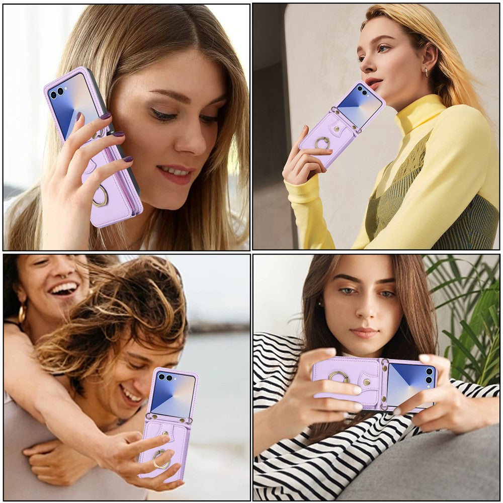 For Samsung Galaxy Z Flip7 5G Case Card Holder Ring Kickstand TPU + PU Leather Phone Cover with Long Strap