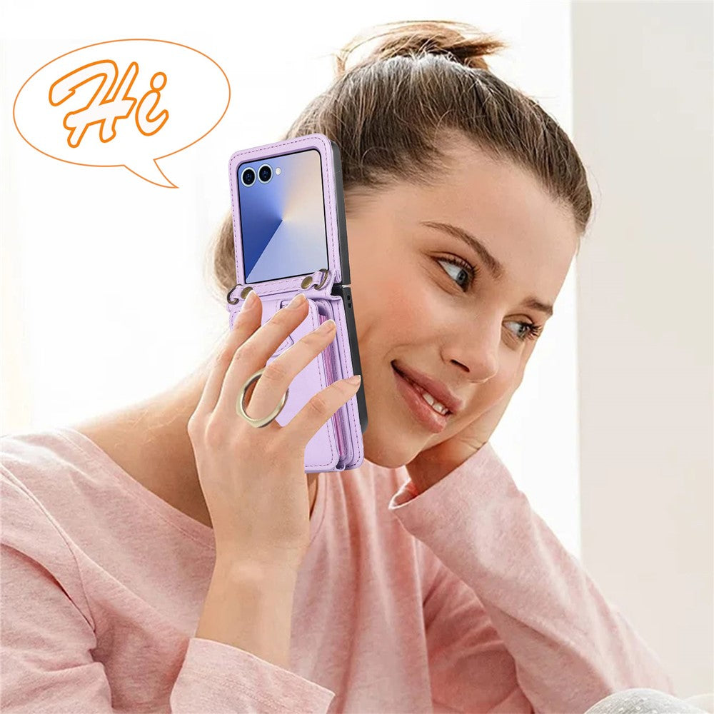 For Samsung Galaxy Z Flip7 5G Case Card Holder Ring Kickstand TPU + PU Leather Phone Cover with Long Strap