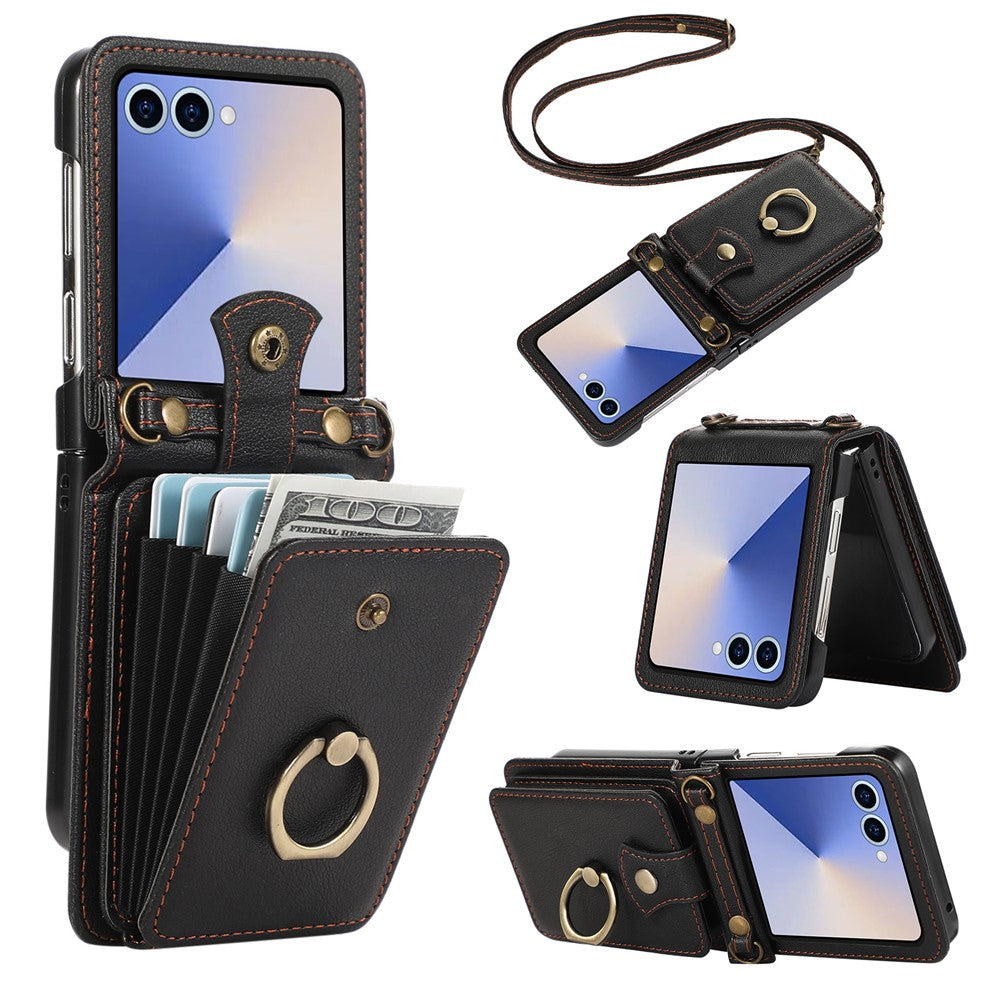 For Samsung Galaxy Z Flip7 5G Case Card Holder Ring Kickstand TPU + PU Leather Phone Cover with Long Strap
