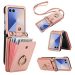 For Samsung Galaxy Z Flip7 5G Case Card Holder Ring Kickstand TPU + PU Leather Phone Cover with Long Strap