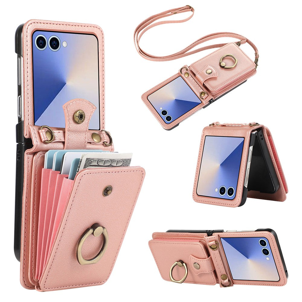 For Samsung Galaxy Z Flip7 5G Case Card Holder Ring Kickstand TPU + PU Leather Phone Cover with Long Strap