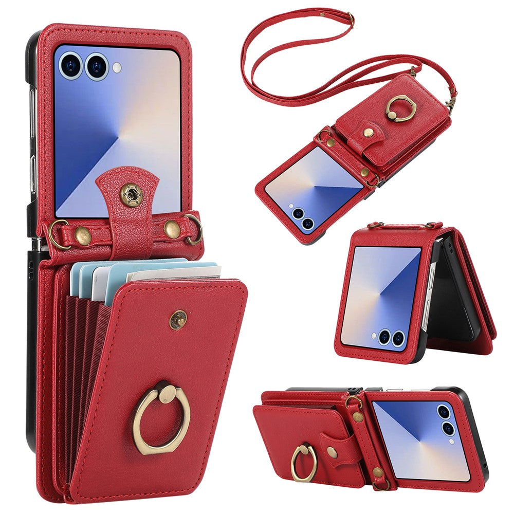 For Samsung Galaxy Z Flip7 5G Case Card Holder Ring Kickstand TPU + PU Leather Phone Cover with Long Strap
