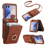 For Samsung Galaxy Z Flip7 5G Case Card Holder Ring Kickstand TPU + PU Leather Phone Cover with Long Strap