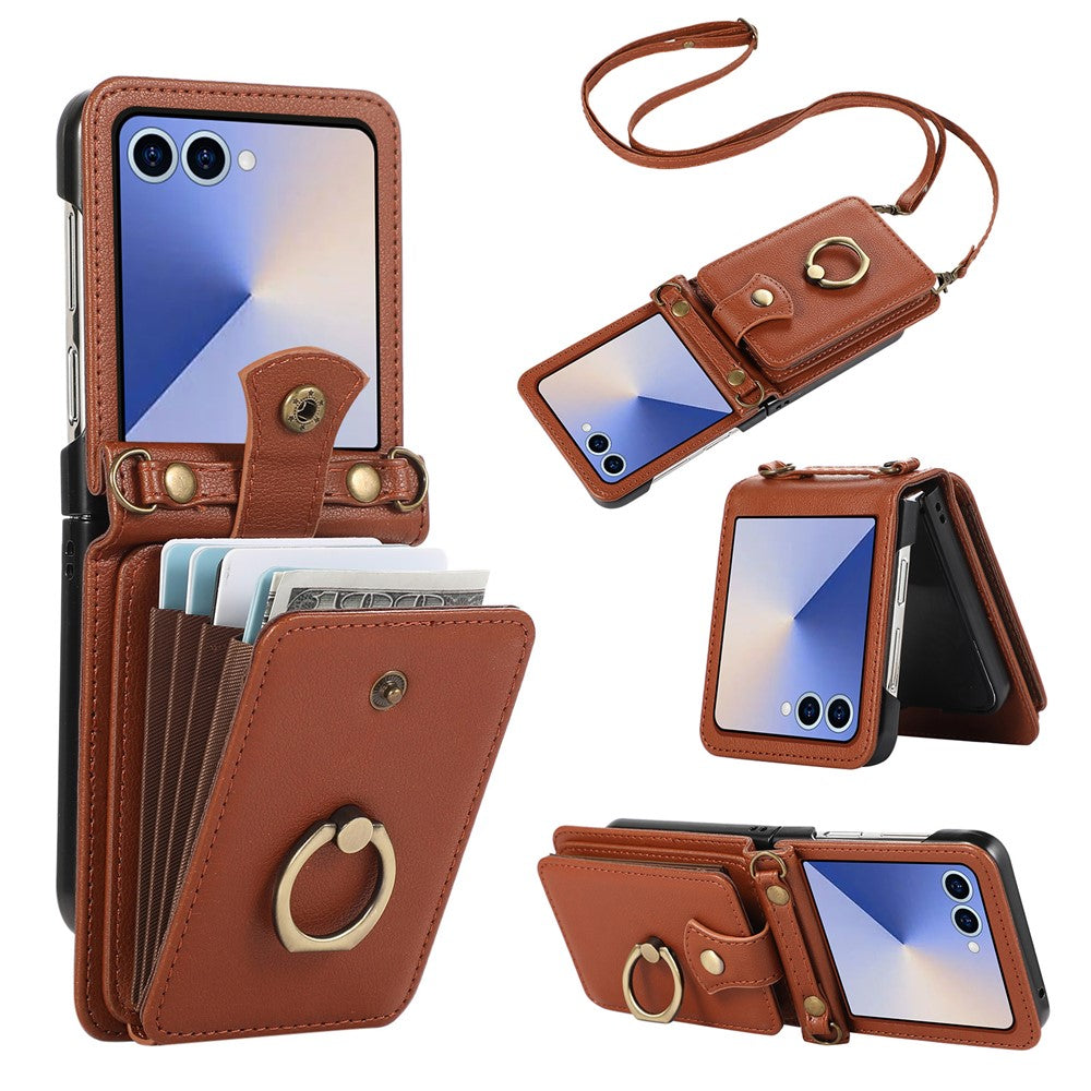 For Samsung Galaxy Z Flip7 5G Case Card Holder Ring Kickstand TPU + PU Leather Phone Cover with Long Strap