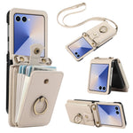 For Samsung Galaxy Z Flip7 5G Case Card Holder Ring Kickstand TPU + PU Leather Phone Cover with Long Strap
