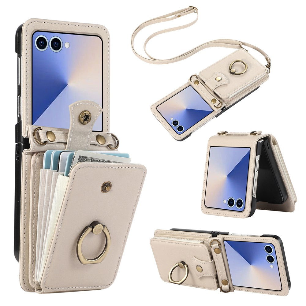 For Samsung Galaxy Z Flip7 5G Case Card Holder Ring Kickstand TPU + PU Leather Phone Cover with Long Strap