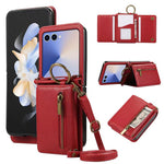 For Samsung Galaxy Z Flip7 5G Leather Back Cover Zipper Wallet Kickstand Phone Case with Shoulder Strap