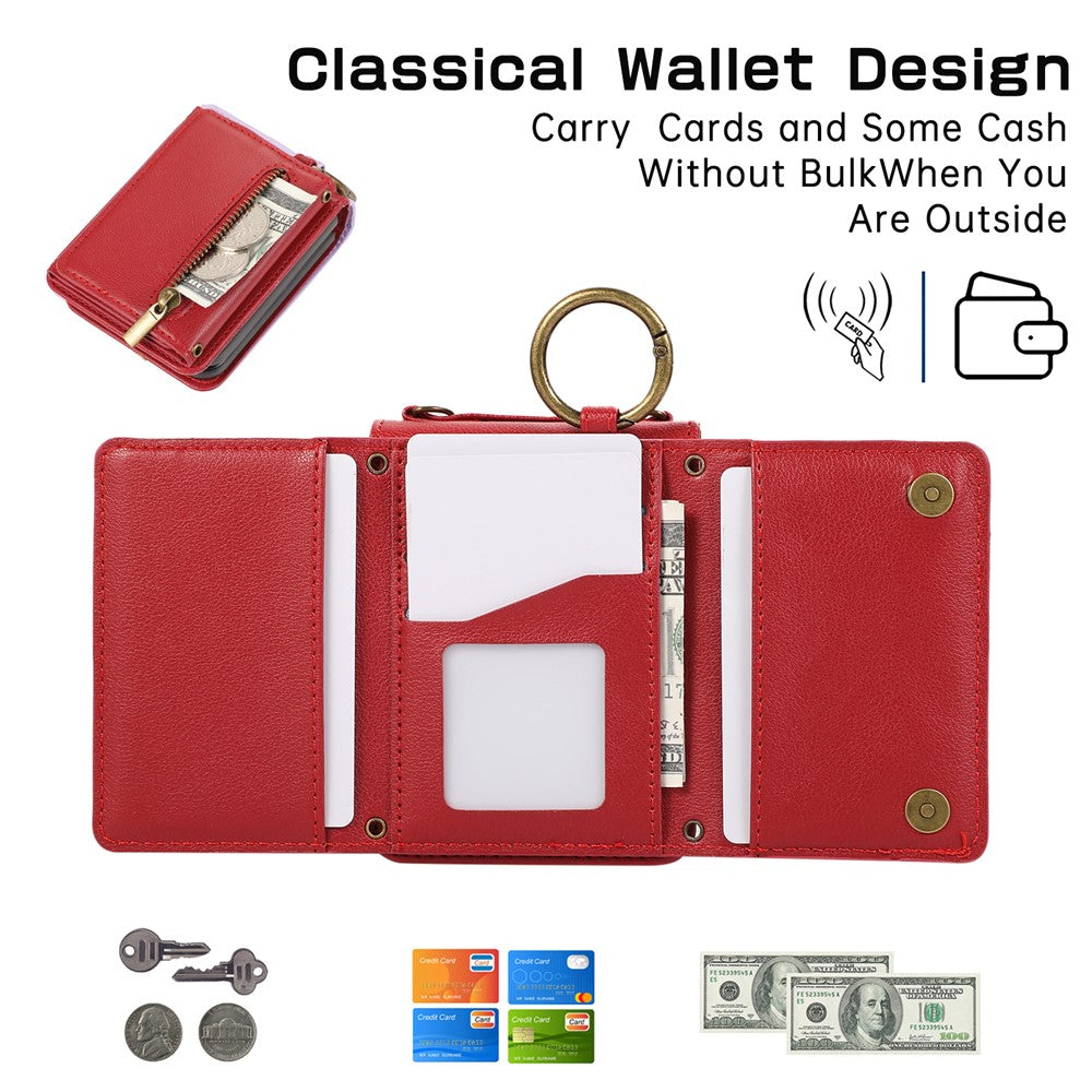 For Samsung Galaxy Z Flip7 5G Leather Back Cover Zipper Wallet Kickstand Phone Case with Shoulder Strap