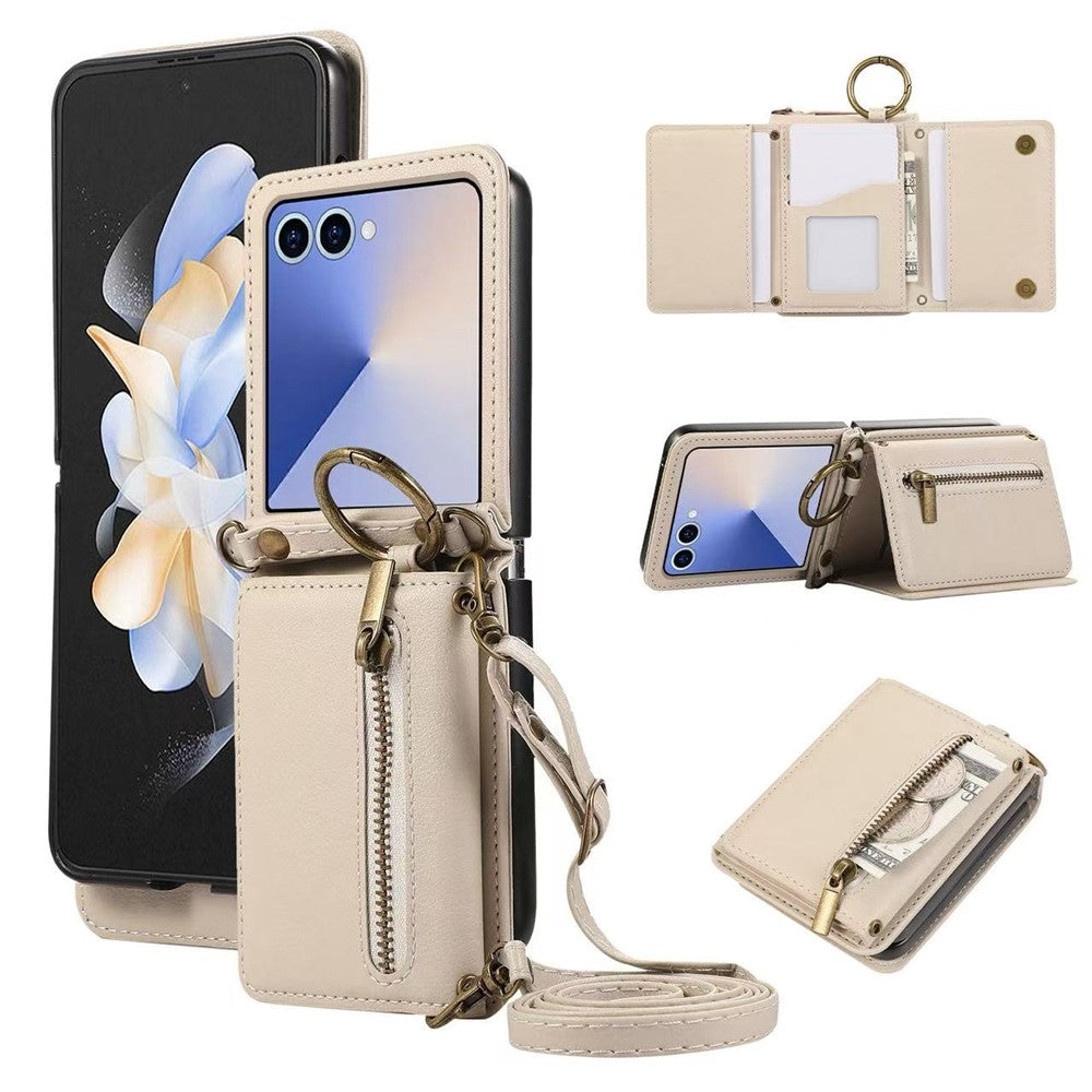 For Samsung Galaxy Z Flip7 5G Leather Back Cover Zipper Wallet Kickstand Phone Case with Shoulder Strap