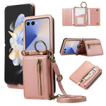 For Samsung Galaxy Z Flip7 5G Leather Back Cover Zipper Wallet Kickstand Phone Case with Shoulder Strap