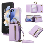 For Samsung Galaxy Z Flip7 5G Leather Back Cover Zipper Wallet Kickstand Phone Case with Shoulder Strap