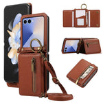 For Samsung Galaxy Z Flip7 5G Leather Back Cover Zipper Wallet Kickstand Phone Case with Shoulder Strap