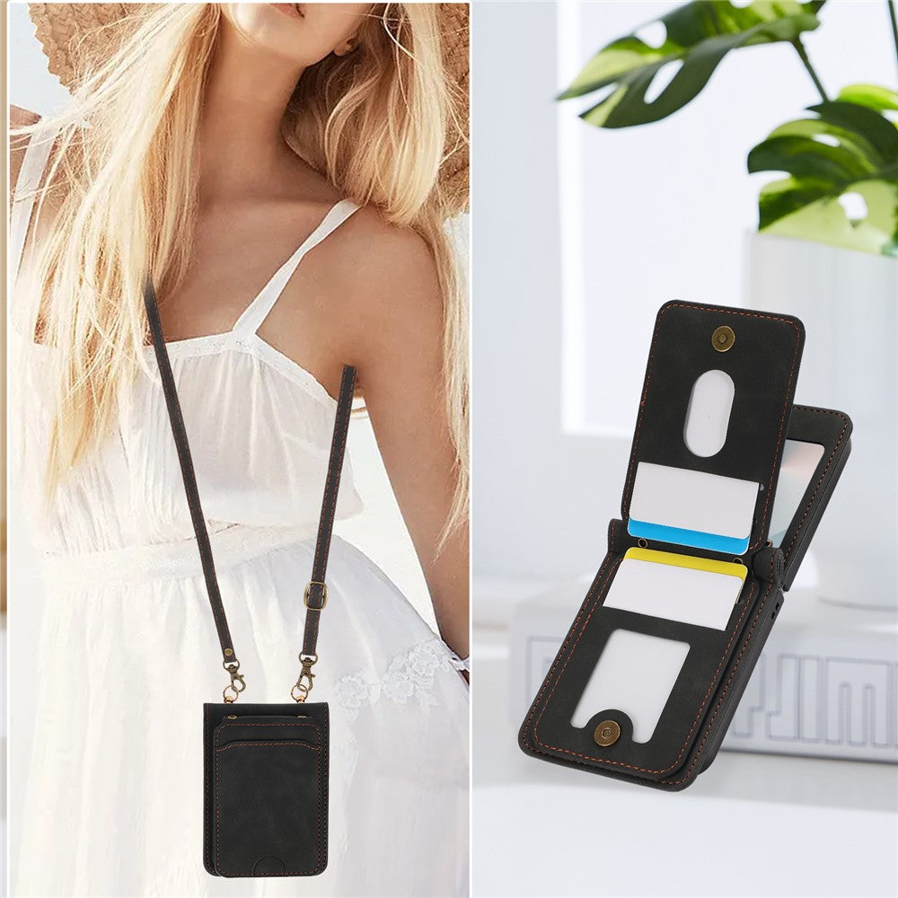 Til Samsung Galaxy Z Flip7 5G Etui Kortholder Støtteben Læder + TPU Telefoncover med Skulderrem