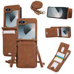 Til Samsung Galaxy Z Flip7 5G Etui Kortholder Støtteben Læder + TPU Telefoncover med Skulderrem