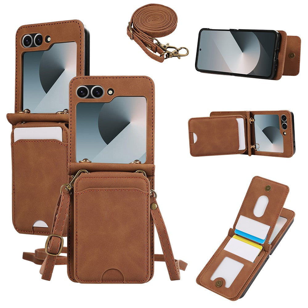 Til Samsung Galaxy Z Flip7 5G Etui Kortholder Støtteben Læder + TPU Telefoncover med Skulderrem