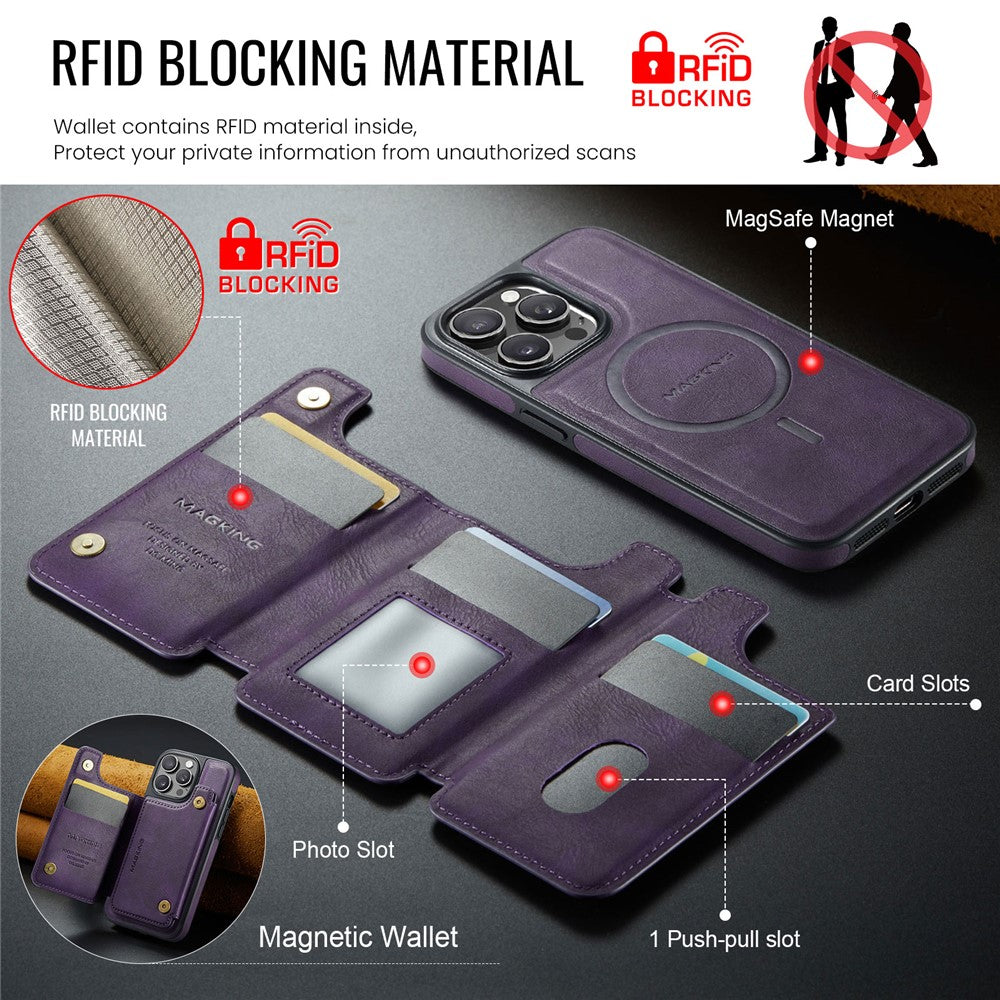 MAGKING K3 Series For iPhone 14 Pro Max Case Compatible with MagSafe Wallet PC + TPU + PU Phone Cover