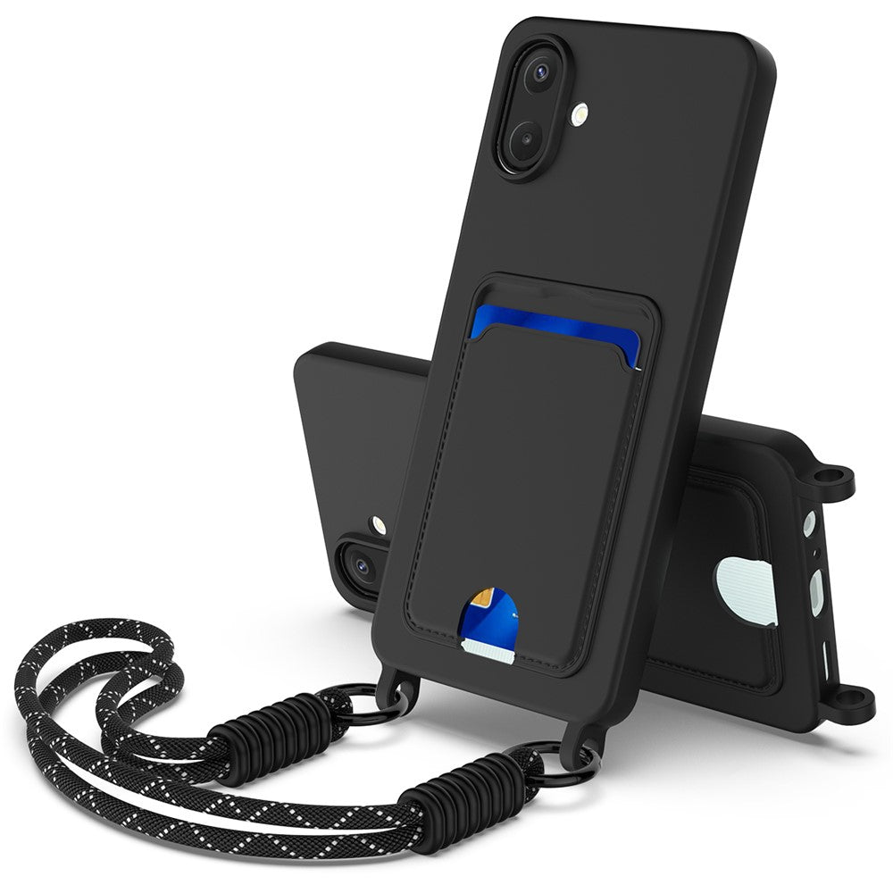 Samsung Galaxy A08 4G / A08 5G / F07 4G / M17e 5G / M07 4G / A07 5G / A07 4G / A07s 4G-cover i flydende silikone med kortholder og bagside med kort rem