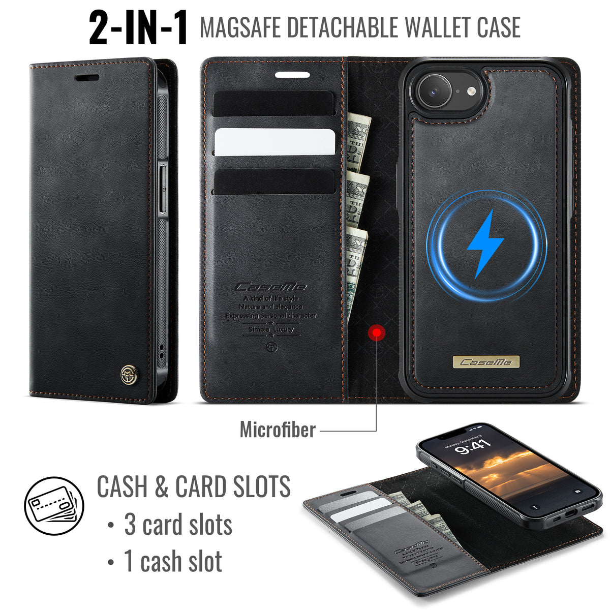 CASEME For iPhone 17e / 16e Case  C49  Compatible with MagSafe RFID Blocking Detachable Wallet Leather Phone Cover