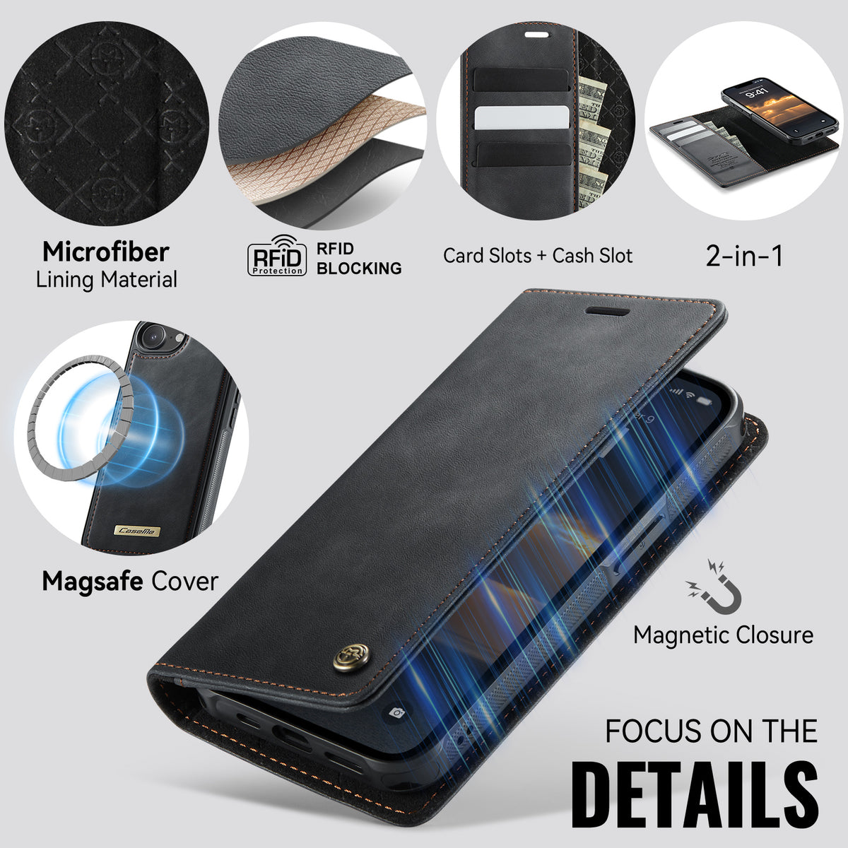 CASEME For iPhone 17e / 16e Case  C49  Compatible with MagSafe RFID Blocking Detachable Wallet Leather Phone Cover