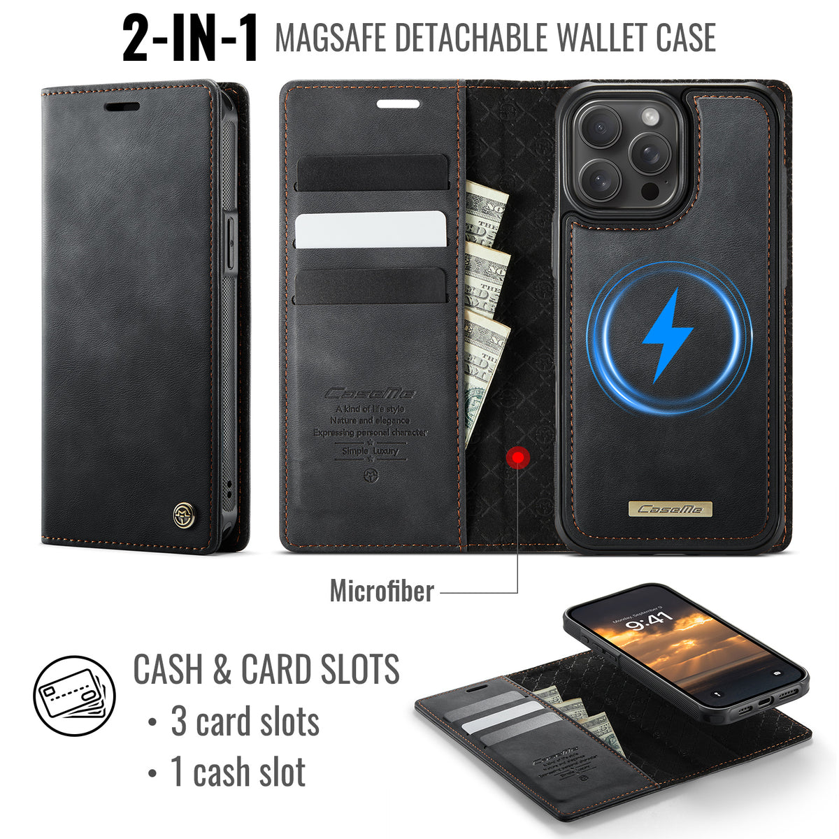 CASEME For iPhone 15 Pro Case C49 Compatible with MagSafe RFID Blocking Detachable Wallet Leather Phone Cover