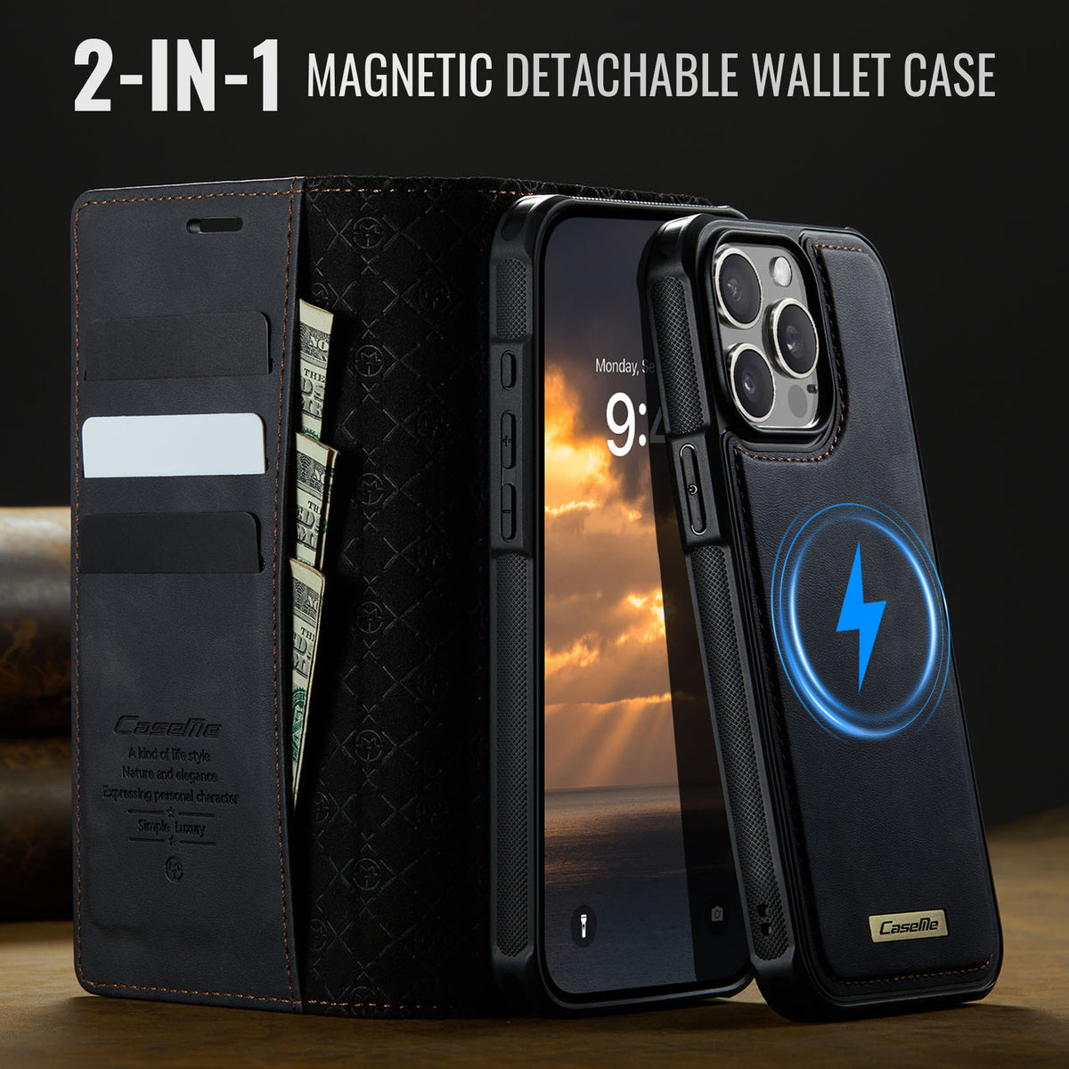 CASEME For iPhone 15 Pro Case C49 Compatible with MagSafe RFID Blocking Detachable Wallet Leather Phone Cover