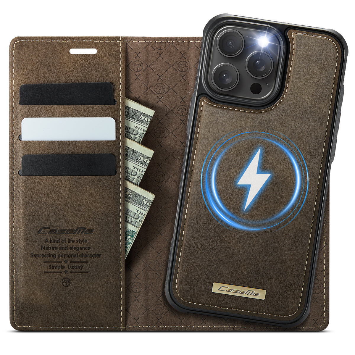CASEME For iPhone 15 Pro Case C49 Compatible with MagSafe RFID Blocking Detachable Wallet Leather Phone Cover