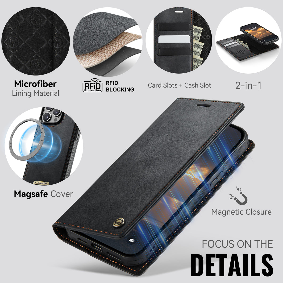 CASEME For iPhone 15 Pro Max Case  C49  Compatible with MagSafe RFID Blocking Detachable Wallet Leather Phone Cover
