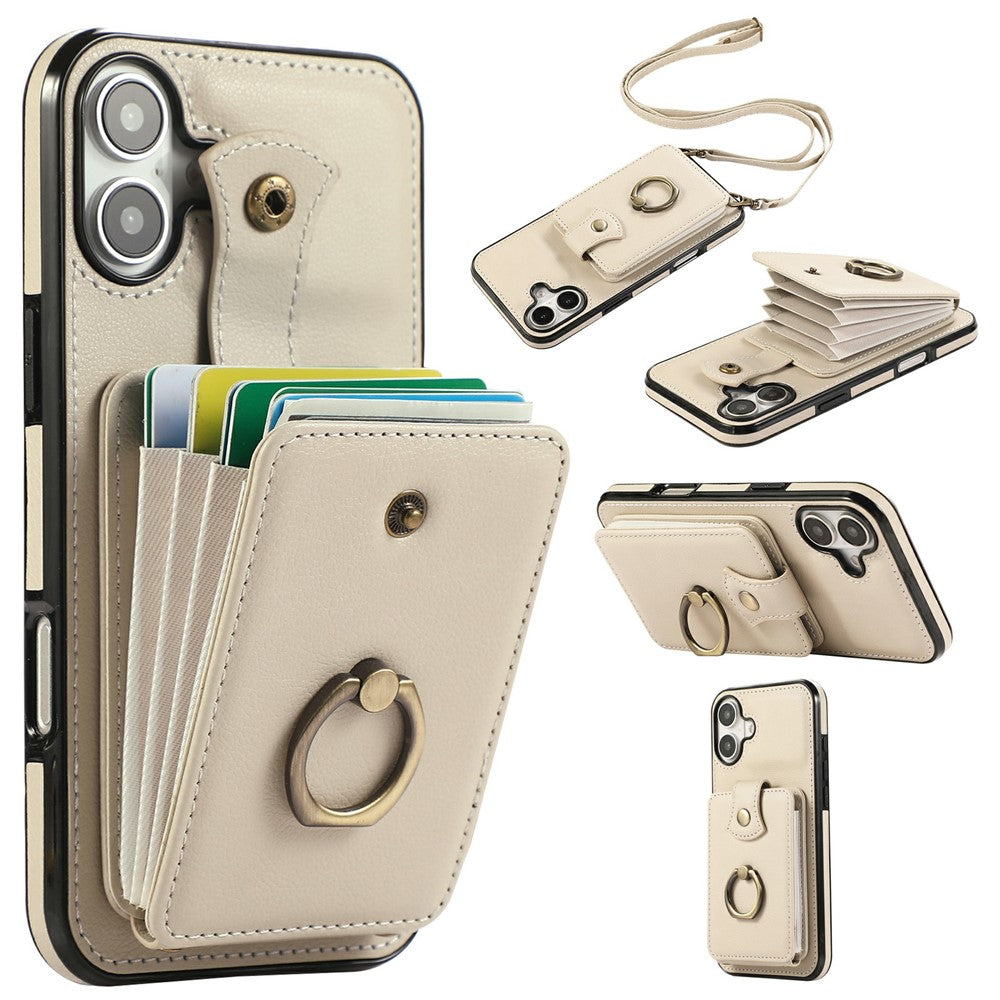 iPhone 17-skal med korthållare, ringstöd, TPU + PU-läder, mobilskal med lång rem
