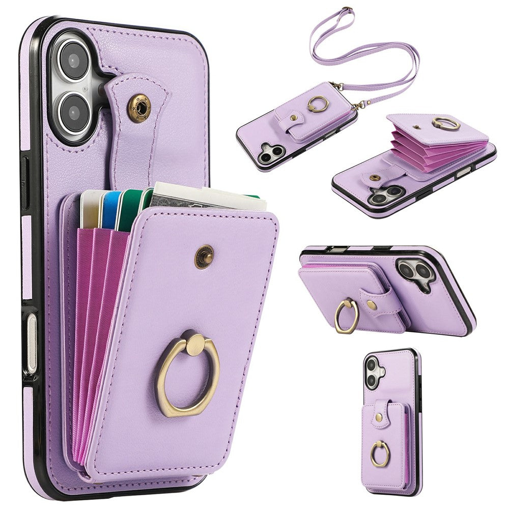 Til iPhone 17 Etui Kortholder Ring Kickstand TPU + PU Læder Telefoncover med Lang Rem